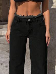Casual Versatile Petite Belt Detailed Wide Leg Jeans For Women - Dark Grey - View 3