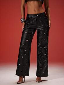 Denimoi Faux Leather Studded Staight Leg Pants Fashion Statement Pants GNO CLubwear Going Out Concert