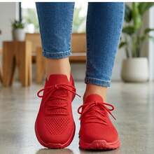 Mujer Zapatillas Deportivas De Tejido De Punto Transpirable Con Cordones Suela Gruesa Rojos - Rojo - Ver 3