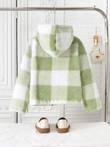Girls Fuzzy Plaid Symmetrical Pattern Hooded Casual Versatile Jacket, Suitable For Daily Wear - Green - View 2