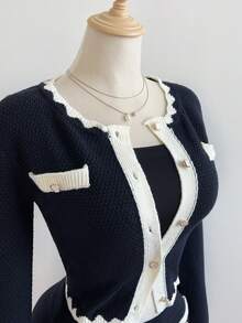 Elamini Ensemble cardigan tricoté et jupe vintage blocs de couleurs élégant et décontracté pour femmes, convient pour le travail et le port quotidien, automne/hiver - Multicolore - Voir 5