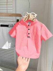 SHEIN 2pcs/Set Baby Boy Comfortable Casual Versatile Daily Fashion Minimalist Style Red Collar Short Sleeve T-Shirt POLO Knit Top And White Shorts Pants With Belt Multi-Piece Suit Uniform Formal Wear, Suitable For Indoor, Outdoor, Daily, Sports, Play, Party, Photo Shoot, Vacation, Holiday, Wedding, Baby Shower, Christening And 1st Birthday Celebration, Spring/Summer - Pink - View 7