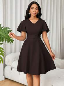 Lunelith SHEIN Lunessa Women's Solid Color V-Neck Elegant Ruffle Sleeve Waist Cinched Mini Dress, Suitable For Party And Vacation - Coffee Brown - View 3