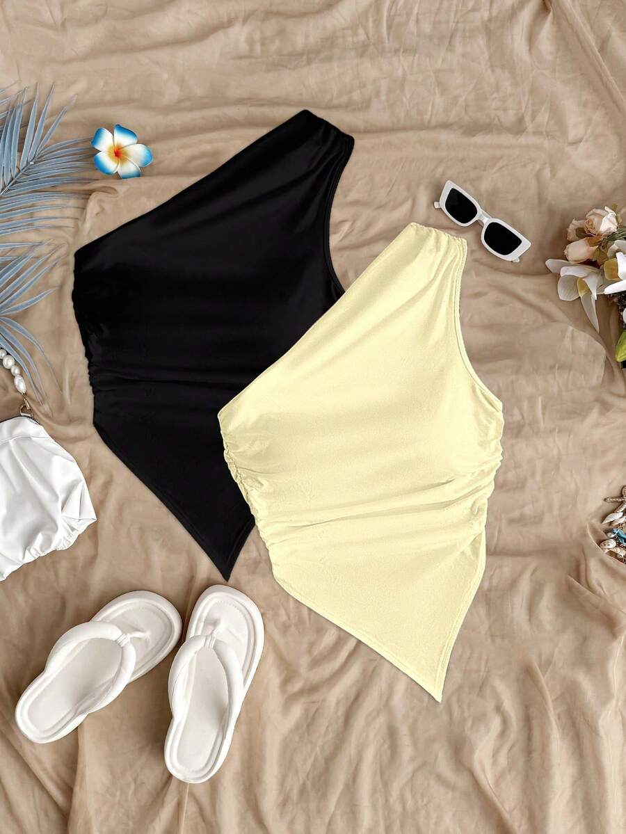 Soleia 2pcs Women's Solid Color Ruched Asymmetric Hem Fashionable Versatile Vacation Tops Spring - Multicolor - View 1