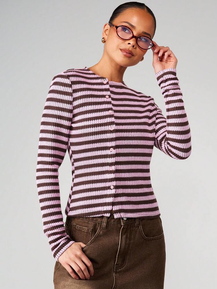 MISSGUIDED Horizontal gestreifter Strickjacke mit Knopfverschluss, Langarm Top für Herbst und Winter zum Layering