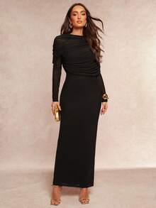 Silquee 优雅浪漫纯色荷叶边领不对称褶裥腰部长袖连衣裙 - 黑色 - 查看 5