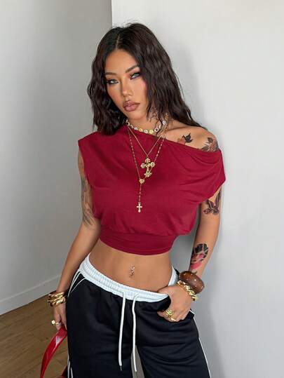 Coolane Women's Spring/Summer Concert Outfit Streetwear Sport Wear Daily Wear Basic Casual Y2K Stretchy Asymmetrical Neck Cropped T-Shirt