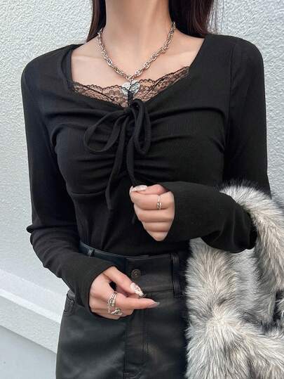 FRIFUL 女士优雅纯色蕾丝边系带T恤，秋季款