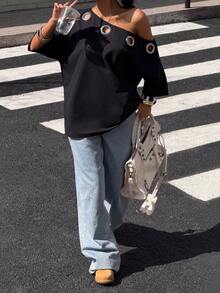 Muchica Women's Metal Grommet Design Loose Fit Batwing Sleeve T-Shirt For Going Out Outfits, Back To School, Streetwear, Grunge And Punk Chic, Y2K Clothes, Edgy Clothes Woman And Unique Clothes, Black Y2k Top, Asymmetrical Shoulder T Shirt - Black - View 6