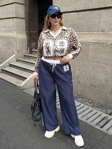 SHEIN EZwear 大码直筒休闲运动裤，纯色、条纹拼接、数字印花，秋冬款 - 藍色 - 查看 7