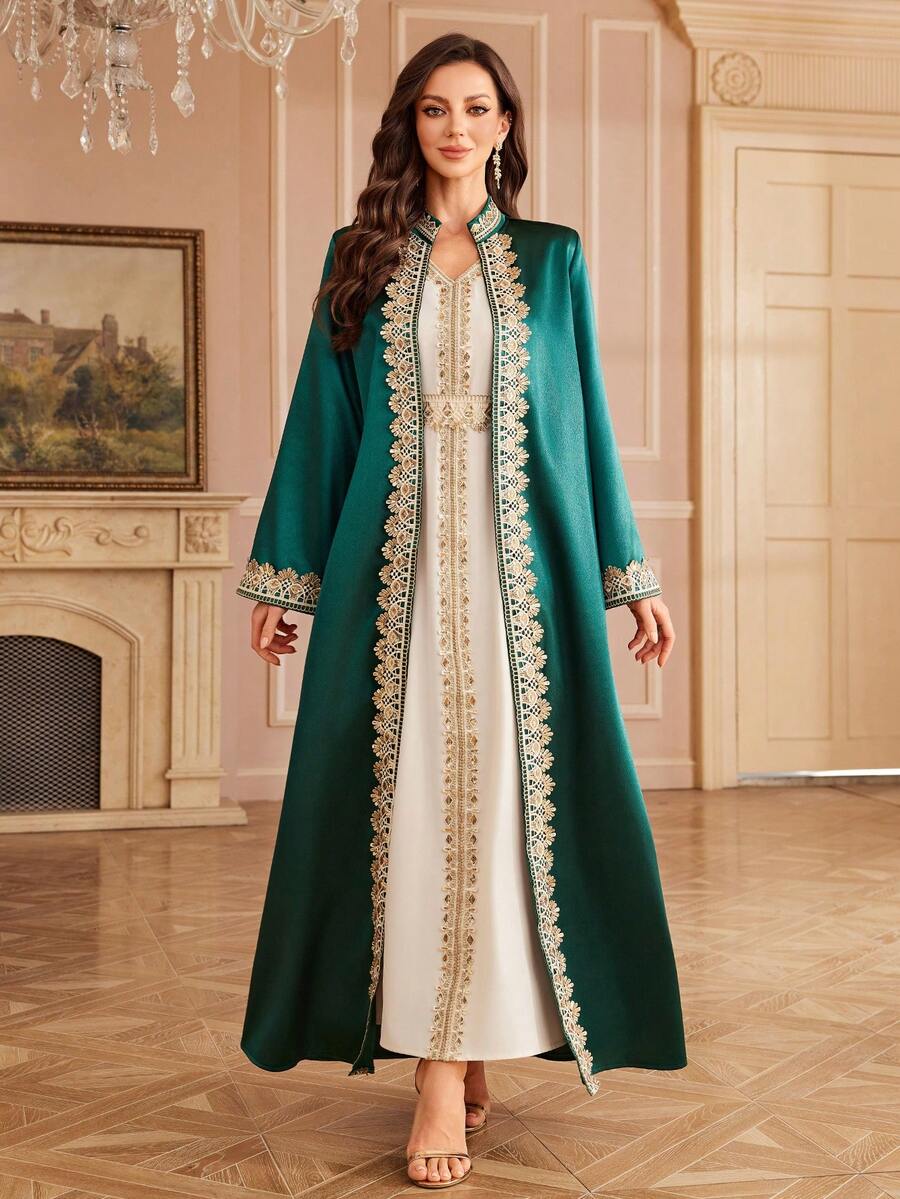 Al Najma 2pcs Satin Olive Green & Gold Embroidered Ribbon, Luxurious & Elegant For Party & Holiday Kaftan Jalabiya Dress