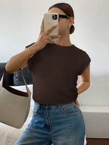 Siren Gaze Áo thun rộng vai, màu trơn, chất liệu vải dệt họa tiết, phong cách thường ngày mùa hè. - màu nâu - Xem 5