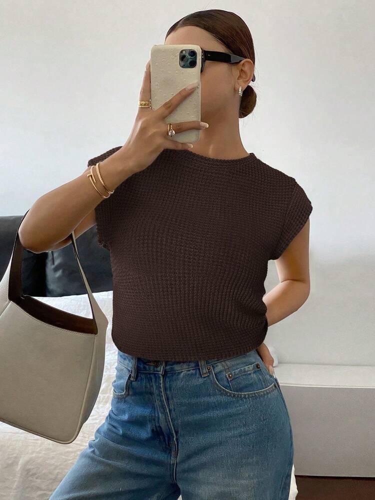 Siren Gaze Summer Casual Solid Color Textured Wide Shoulder T-Shirt Waffle Knit Top Knit Tops - Brown - View 5