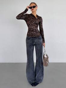 Siren Gaze 秋冬新款时尚豹纹金属纽扣修身女式T恤 - 棕色 - 查看 7