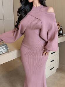 DAZY Women's Elegant Solid Color Sleeveless Dress, Off Shoulder Long Sleeve Sweater, 2-Piece Set, Autumn/Winter - Pink - View 6