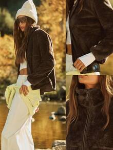 GLOWMODE Áo khoác nỉ mềm mại, ấm áp, chống gió, cổ áo cong, vạt áo thiết kế dài đến hông, có khóa kéo và túi bên hông, thích hợp mặc hàng ngày vào mùa thu đông. - Màu nâu Sô-cô-la - Xem 8