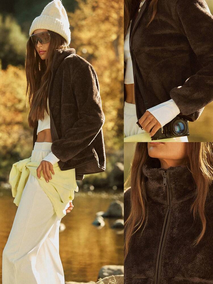 Fleece Soft Warm Windproof Curved Collar Hem Design Hip-Length Zip-Up Jacket With Side Pockets Daily Casual Wear Fall Winter