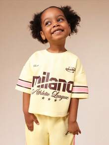 Conjunto de camiseta corta y pantalón ancho tipo jogger con logo de la Liga Atlética de Milán SUMWON para uso casual en primavera y verano, ideal para vacaciones - Amarillo - Ver 5