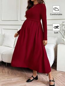 SHEIN 孕妇纯色圆领长袖褶皱休闲连衣裙 - 紅色 - 查看 4