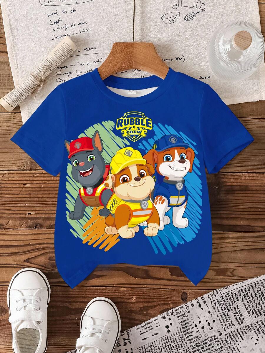 Rubble X SHEIN Camiseta de manga corta con cuello redondo y estampado de dibujos animados de verano para niño - Blanco - Ver 1