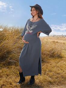 Boho Mama 孕妇休闲鹰纹侧开衩连衣裙，夏季 - 黑色 - 查看 5