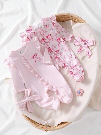 Newborn Pastoral Style Pale Pink Bow Floral Ruffle Collar Long Sleeve Footie Jumpsuit With Headband Set, Multi-Piece Outfit