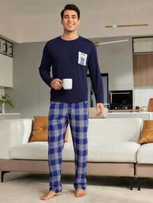 Conjunto de pijama para hombre, cómodo descanso, ropa de noche, manga larga, bolsillo de algodón, pantalones a cuadros - Azul Marino - Ver 3