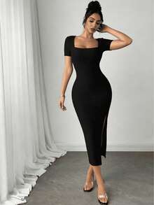Este nuevo y sexy vestido presenta una abertura alta, ideal para vacaciones de verano, citas y fiestas. También es un elegante vestido ajustado para oficina o graduación, con abertura lateral. - Negro - Ver 3