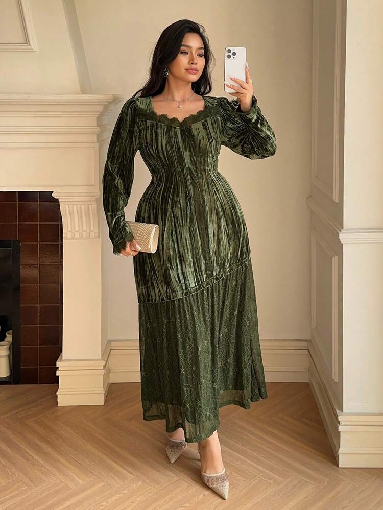Dazy Plus Plus Size Velvet Contrast Lace Square Neck Wrap Dress With Mesh Hem, Elegant Long Sleeve Evening Gown Prom Dress