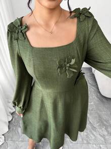 SHEIN Elenzya Plus Size Asymmetrical 3D Floral Decor Square Neck Dress - Army Green - View 7