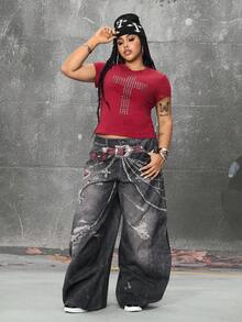 ROMWE EDITION Plus Size Women Loose Fit Chain Print Pocket Wide Leg Casual Jeans - Black - View 7