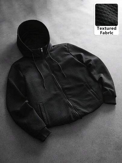 SLATEMANN Manfinity Casual Cool Men's Small Checkered Jacquard Hoodie, Autumn And Winter Zipper Sportswear Hoodie, With A Casual Vacation Style, Suitable For Vacations, Daily Office, Gatherings, And Business Occasions. Especially Suitable For Simple And Versatile Wearing Styles. Classic Yamamoto Collection Style, Men's Hoodie, Black Zipper Hoodie. A Must-Have Versatile Item For , Long Sleeve Top