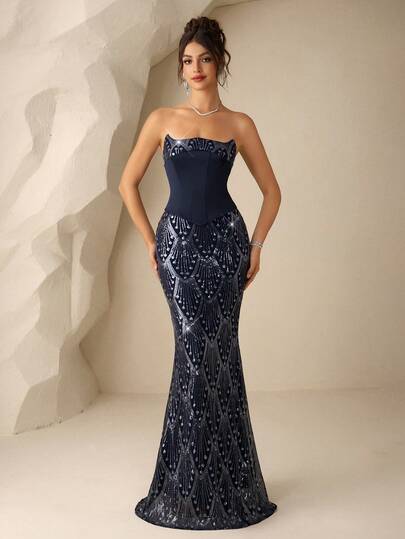 Coutiva Women's Formal Evening Gown With Satin Patchwork And Beaded Embellishment (Heavily Embellished)