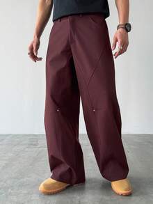 HUEFORM Quần ống rộng màu đỏ tía xẻ gấu đơn giản, lịch sự dành cho nam - Đỏ - Xem 3