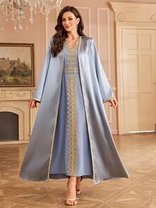 Al Najma 两件套：缀饰外套和长款连衣裙，土耳其风格女式长袍 - 霧霾藍 - 查看 1