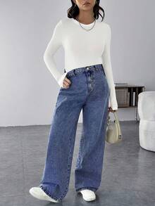 SHEIN Maternity Casual Loose Wide-Leg Blue Jeans Women Jeans Baggy Jeans Casual Loose Wide Leg Pants Blue Thanksgiving Women Wide Waist - Medium Wash - View 7