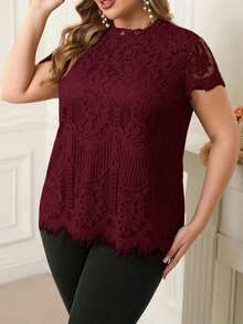 Reflora Plus Size Elegant Lace Patchwork Chiffon Top - Burgundy - View 4