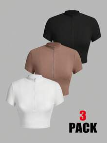 SHEIN EZwear 3 chiếc áo thun ngắn tay cổ đứng màu trơn, dáng suông, thời trang, đa năng dành cho nữ, thích hợp đi nghỉ mát. - Nhiều màu - Xem 1