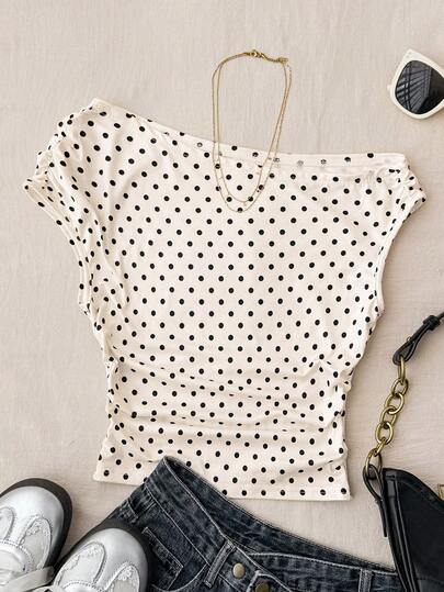 Teen Girls Apricot Knit Casual Minimalist Polka Dot Print Asymmetric Ruched Cropped Top, Suitable For Spring/Summer, Casual, Personalized Styling, Daily Wear Cute Top Tops Cute Asymmetrical Top Girls Cute Tops For Summer Polka Dot Top