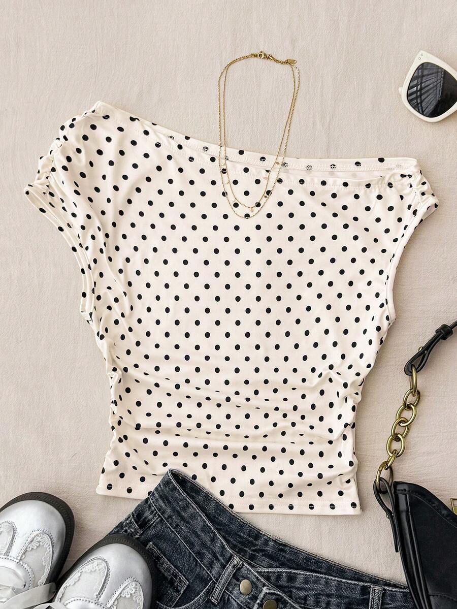 Teen Girls Apricot Knit Casual Minimalist Polka Dot Print Asymmetric Ruched Cropped Top, Suitable For Spring/Summer, Casual, Personalized Styling, Daily Wear Cute Top Tops Cute Asymmetrical Top Girls Cute Tops For Summer Polka Dot Top - Apricot - View 1