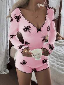 CottageSlumber 女士印花V领荷叶边蝴蝶结装饰长袖连体裤 - 粉色 - 查看 8