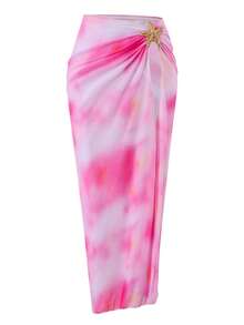 Swim Oasis مجموعة بحر للمرأة ذات الحجم الكبير 2 قطعة، بدلة سباحة بطبعة عشوائية مربوطة بالصبغة مع زخرفة معدنية بشكل نجمة البحر، وتنورة شبكية مطبوعة مناسبة للصيف والعطلات الشاطئية - متعدد الألوان - مشاهدة 8