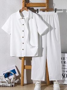 SHEIN 2pcs Set Teen Boy Casual Versatile Comfortable Wave Stripe Lapel Open-Collar Short-Sleeved Shirt Shorts Woven Two Pieces Suit Suitable For Commuting To School Daily Leisure Vacation Travel Suitable For Sports Suitable For Spring And Summer