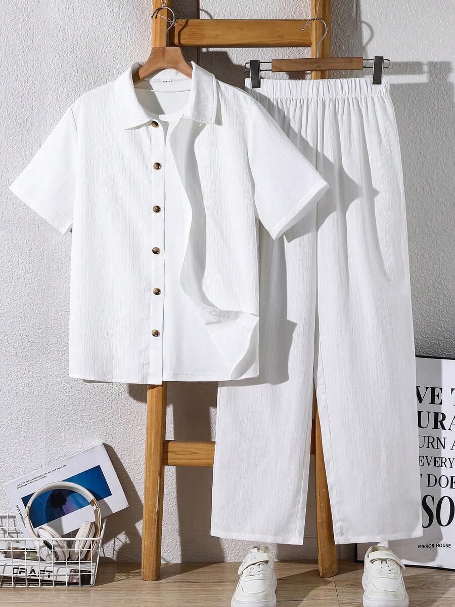 SHEIN 2pcs Set Teen Boy Casual Versatile Comfortable Wave Stripe Lapel Open-Collar Short-Sleeved Shirt Shorts Woven Two Pieces Suit Suitable For Commuting To School Daily Leisure Vacation Travel Suitable For Sports Suitable For Spring And Summer