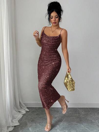 Elenzga Women's Sequin Spaghetti Strap Adjustable Backless Draped Neck Ruched Waist Midi Dress, Elegant French Retro Chic Minimalist Versatile Vintage Style, Suitable For Winter, Halloween, Christmas, Thanksgiving, Afternoon Tea Party, Semi-Formal Occasions, Sexy Party, Autumn/Winter