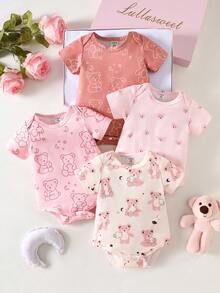SHEIN Bộ 4 món áo liền thân họa tiết dễ thương cho bé sơ sinh - Nhiều màu - Xem 4