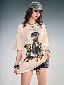 ROMWE Street Life Women's Vintage Doberman Pinscher PUNK Print Distressed Washed Short Sleeve T-Shirt - Khaki - View 1