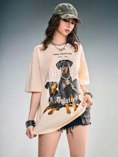 ROMWE Grunge Punk Áo thun tay ngắn in họa tiết Doberman Pinscher PUNK cổ điển dành cho nữ