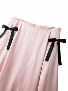 GlowEve CURVE Váy chữ A màu hồng lãng mạn, vải satin bóng cỡ lớn, thắt nơ ruy băng đen, cạp chun, dài đến giữa bắp chân dành cho nữ - Hồng - Xem 3