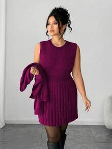 Elenzga Đầm không tay thanh lịch dành cho nữ kèm áo khoác cardigan dài tay, bộ đồ dệt kim dáng rộng cỡ lớn, trang phục áo khoác ngoài, bộ đồ mùa đông - Màu đỏ tím - Xem 3